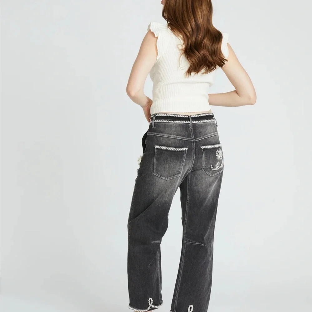 DRIFTWOOD Black Jeans with Cream Floral Embroidery - Picture 3 of 8